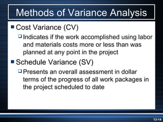 Methods of Variance Analysis
 Cost   Variance (CV)
   Indicates
            if the work accomplished using labor
   and materials costs more or less than was
   planned at any point in the project
 Schedule     Variance (SV)
   Presents an overall assessment in dollar
   terms of the progress of all work packages in
   the project scheduled to date



                                                   13-14
 