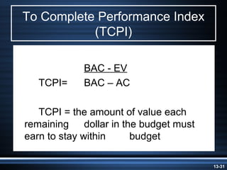 To Complete Performance Index
           (TCPI)

             BAC - EV
   TCPI=     BAC – AC

   TCPI = the amount of value each
remaining     dollar in the budget must
earn to stay within       budget

                                          13-31
 