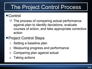 The Project Control Process
Control
      The process of comparing actual performance
       against plan to identify deviations, evaluate
       courses of action, and take appropriate corrective
       action
Project    Control Steps
  1.   Setting a baseline plan
  2.   Measuring progress and performance
  3.   Comparing plan against actual
  4.   Taking actions

                                                            13-4
 