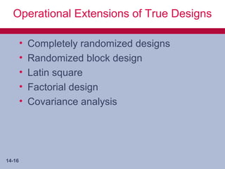 Operational Extensions of True Designs

        •   Completely randomized designs
        •   Randomized block design
        •   Latin square
        •   Factorial design
        •   Covariance analysis




14-16
 