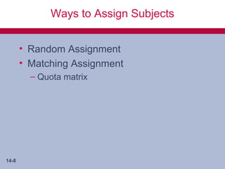 Ways to Assign Subjects


       • Random Assignment
       • Matching Assignment
         – Quota matrix




14-8
 