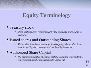 14 
-9 
Equity Terminology 
 Treasury stock 
• Stock that has been repurchased by the company and held in its 
treasury. 
 Issued shares and Outstanding Shares 
• Shares that have been issued by the company; shares that have 
been issued by the company and are held by investors. 
 Authorized Share Capital 
• The maximum number of shares that the company is permitted to 
issue without additional shareholder approval. 
 