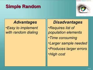 14-15
Simple RandomSimple Random
Advantages
•Easy to implement
with random dialing
Disadvantages
•Requires list of
population elements
•Time consuming
•Larger sample needed
•Produces larger errors
•High cost
 