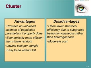 14-18
ClusterCluster
Advantages
•Provides an unbiased
estimate of population
parameters if properly done
•Economically more efficient
than simple random
•Lowest cost per sample
•Easy to do without list
Disadvantages
•Often lower statistical
efficiency due to subgroups
being homogeneous rather
than heterogeneous
•Moderate cost
 