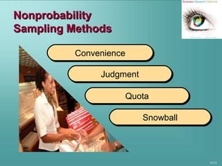 14-23
NonprobabilityNonprobability
Sampling MethodsSampling Methods
ConvenienceConvenience
JudgmentJudgment
QuotaQuota
SnowballSnowball
 