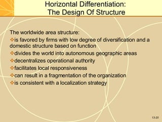 13-20
Horizontal Differentiation:
The Design Of Structure
The worldwide area structure:
is favored by firms with low degree of diversification and a
domestic structure based on function
divides the world into autonomous geographic areas
decentralizes operational authority
facilitates local responsiveness
can result in a fragmentation of the organization
is consistent with a localization strategy
 