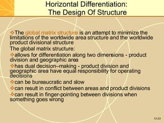 13-23
Horizontal Differentiation:
The Design Of Structure
The global matrix structure is an attempt to minimize the
limitations of the worldwide area structure and the worldwide
product divisional structure
The global matrix structure:
allows for differentiation along two dimensions - product
division and geographic area
has dual decision–making - product division and
geographic area have equal responsibility for operating
decisions
can be bureaucratic and slow
can result in conflict between areas and product divisions
can result in finger-pointing between divisions when
something goes wrong
 