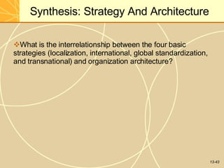 13-43
Synthesis: Strategy And Architecture
What is the interrelationship between the four basic
strategies (localization, international, global standardization,
and transnational) and organization architecture?
 