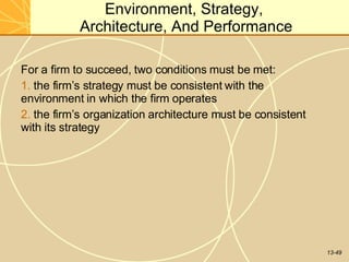 13-49
Environment, Strategy,
Architecture, And Performance
For a firm to succeed, two conditions must be met:
1. the firm’s strategy must be consistent with the
environment in which the firm operates
2. the firm’s organization architecture must be consistent
with its strategy
 