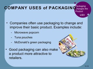 COMPANY USES of PACKAGING  * * Packaging Changes the Product  Companies often use packaging to change and improve their basic product. Examples include: Microwave popcorn Tuna pouches McDonald’s green packaging LG3 Good packaging can also make a product more attractive to retailers. 14- 