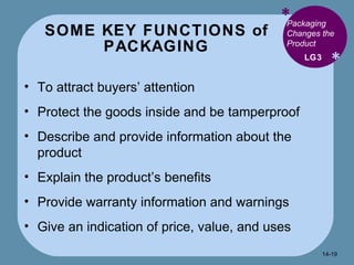 SOME KEY FUNCTIONS of PACKAGING * * Packaging Changes the Product  To attract buyers’ attention Protect the goods inside and be tamperproof Describe and provide information about the product Explain the product’s benefits Provide warranty information and warnings Give an indication of price, value, and uses LG3 14- 