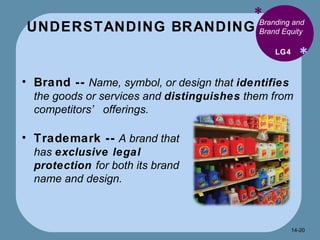 UNDERSTANDING BRANDING * * Branding and Brand Equity Brand --   Name, symbol, or design that  identifies  the goods or services and  distinguishes  them from competitors’ offerings. LG4 Trademark --   A brand that has  exclusive legal protection  for both its brand name and design. 14- 
