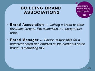 BUILDING BRAND  ASSOCIATIONS * * Generating Brand Equity and Loyalty  Brand Association --  Linking a brand to other favorable images, like celebrities or a geographic area. Brand Manager --  Person responsible for a particular brand and handles all the elements of the brand’s marketing mix. LG4 14- 