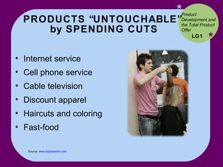 PRODUCTS “UNTOUCHABLE”  by SPENDING CUTS * * Internet service Cell phone service Cable television Discount apparel Haircuts and coloring Fast-food LG1 Product Development and the Total Product Offer Source:  www.bigresearch.com .  14- 