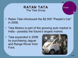 RATAN TATA The Tata Group * * Profile Ratan Tata introduced the $2,500 “People’s Car” in 2008. Tata Motors is part of the growing auto market in India - possibly the future’s largest market. Tata expanded in 2008 by purchasing Jaguar and Range Rover from Ford . 14- 