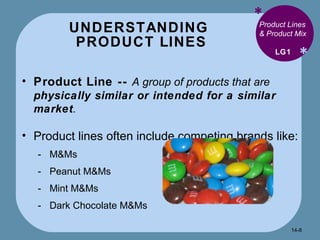 UNDERSTANDING  PRODUCT LINES * * Product Lines & Product Mix Product Line --  A group of products that are  physically similar or intended for a similar market . Product lines often include competing brands like: M&Ms Peanut M&Ms Mint M&Ms Dark Chocolate M&Ms LG1 14- 