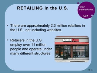 RETAILING in the U.S. * * Retail Intermediaries  There are approximately 2.3 million retailers in the U.S., not including websites. LG4 Retailers in the U.S. employ over 11 million people and operate under many different structures. 15- 