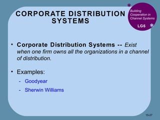 CORPORATE DISTRIBUTION SYSTEMS * * Building Cooperation in Channel Systems Corporate Distribution Systems --  Exist when one firm owns all the organizations in a channel of distribution. Examples: Goodyear Sherwin Williams LG6 15- 