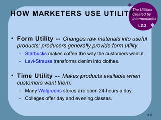 HOW MARKETERS USE UTILITY * * The Utilities Created by Intermediaries Form Utility --  Changes raw materials into useful products; producers generally provide form utility. Starbucks  makes coffee the way the customers want it. Levi-Strauss  transforms denim into clothes. Time Utility --  Makes products available when customers want them. Many  Walgreens  stores are open 24-hours a day. Colleges offer day and evening classes. LG2 15- 