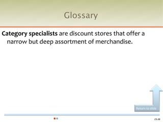 Glossary

Category specialists are discount stores that offer a
  narrow but deep assortment of merchandise.




                                                 Return to slide


                                                              15-30
 