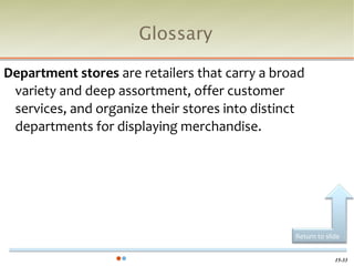 Glossary

Department stores are retailers that carry a broad
 variety and deep assortment, offer customer
 services, and organize their stores into distinct
 departments for displaying merchandise.




                                                Return to slide


                                                             15-33
 