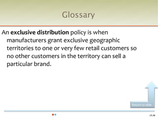 Glossary

An exclusive distribution policy is when
 manufacturers grant exclusive geographic
 territories to one or very few retail customers so
 no other customers in the territory can sell a
 particular brand.




                                                 Return to slide


                                                              15-36
 