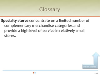 Glossary

Specialty stores concentrate on a limited number of
 complementary merchandise categories and
 provide a high level of service in relatively small
 stores.




                                                Return to slide


                                                             15-43
 