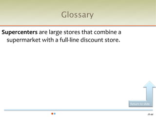 Glossary

Supercenters are large stores that combine a
  supermarket with a full-line discount store.




                                                 Return to slide


                                                              15-44
 