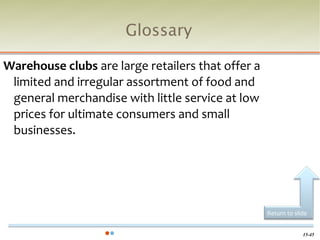 Glossary

Warehouse clubs are large retailers that offer a
 limited and irregular assortment of food and
 general merchandise with little service at low
 prices for ultimate consumers and small
 businesses.




                                                   Return to slide


                                                                15-45
 