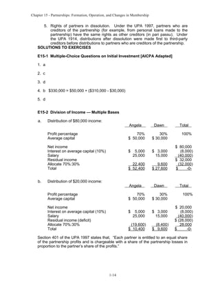 Chapter 15 - Partnerships: Formation, Operation, and Changes in Membership

5. Rights of partners in dissolution. Under the UPA 1997, partners who are
creditors of the partnership (for example, from personal loans made to the
partnership) have the same rights as other creditors (in pari passu). Under
the UPA 1914, distributions after dissolution were made first to third-party
creditors before distributions to partners who are creditors of the partnership.
SOLUTIONS TO EXERCISES
E15-1 Multiple-Choice Questions on Initial Investment [AICPA Adapted]
1. a
2. c
3. d
4. b $330,000 = $50,000 + ($310,000 - $30,000)
5. d
E15-2 Division of Income — Multiple Bases
a.

Distribution of $80,000 income:

Angela

Profit percentage
Average capital

Total

70%
$ 50,000
5,000
25,000

$ 3,000
15,000

22,400
$ 52,400

Distribution of $20,000 income:

30%
$ 30,000

$

Net income
Interest on average capital (10%)
Salary
Residual income
Allocate 70%:30%
Total
b.

Dawn

9,600
$ 27,600

$ 80,000
(8,000)
(40,000)
$ 32,000
(32,000)
$
-0-

Dawn

Total

Angela

Profit percentage
Average capital

70%
$ 50,000
$

5,000
25,000

$ 3,000
15,000

(19,600)
$ 10,400

Net income
Interest on average capital (10%)
Salary
Residual income (deficit)
Allocate 70%:30%
Total

30%
$ 30,000

(8,400)
$ 9,600

100%

100%
$ 20,000
(8,000)
(40,000)
$ (28,000)
28,000
$
-0-

Section 401 of the UPA 1997 states that, “Each partner is entitled to an equal share
of the partnership profits and is chargeable with a share of the partnership losses in
proportion to the partner’s share of the profits.”

1-14

 