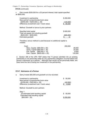 Chapter 15 - Partnerships: Formation, Operation, and Changes in Membership

E15-6 (continued)
c.
Elan invests $200,000 for a 20 percent interest; total capital specified
as $600,000:
Investment in partnership
New partner's proportionate book value
[($400,000 + $200,000) x .20]
Difference (investment cost > book value)

$ 200,000
(120,000)
$ 80,000

Method: Goodwill or bonus to prior partners
Specified total capital
Total net assets not including goodwill
($400,000 + $200,000)
Estimated goodwill

$ 600,000
(600,000)
$
-0-

Therefore, bonus method is used because no additional capital is
created.
Cash
Mary, Capital ($80,000 x .60)
Gene, Capital ($80,000 x .30)
Pat, Capital ($80,000 x .10)
Elan, Capital ($600,000 x .20)

200,000

48,000
24,000
8,000
120,000

d. Section 306 of the UPA 1997 states that “A person admitted into an existing
partnership is not personally liable for any partnership obligation incurred before the
person’s admission as a partner.” Although Elan would not be personally liable, she
does have the risk of losing her investment in the partnership.

E15-7 Admission of a Partner
a.

Gerry invests $50,000 and goodwill is to be recorded:
Investment in partnership
New partner's proportionate book value
[($160,000 + $50,000) x .20]
Difference (investment cost > book value)

$ 50,000
$

(42,000)
8,000

Method: Goodwill to prior partners
Step 1:
.20 estimated total resulting capital
Estimated total resulting capital
($50,000 / .20)

1-20

$ 50,000
$ 250,000

 