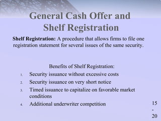 15 
- 
20 
General Cash Offer and 
Shelf Registration 
Shelf Registration: A procedure that allows firms to file one 
registration statement for several issues of the same security. 
Benefits of Shelf Registration: 
1. Security issuance without excessive costs 
2. Security issuance on very short notice 
3. Timed issuance to capitalize on favorable market 
conditions 
4. Additional underwriter competition 
 