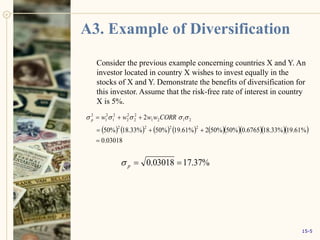 A3. Example of Diversification
             
03018
.
0
%
61
.
19
%
33
.
18
6765
.
0
%
50
%
50
2
%
61
.
19
%
50
%
33
.
18
%
50
2
2
2
2
2
2
1
2
1
2
2
2
2
2
1
2
1
2






 



 CORR
w
w
w
w
p
%
37
.
17
03018
.
0 

p

Consider the previous example concerning countries X and Y. An
investor located in country X wishes to invest equally in the
stocks of X and Y. Demonstrate the benefits of diversification for
this investor. Assume that the risk-free rate of interest in country
X is 5%.
15-5
 
