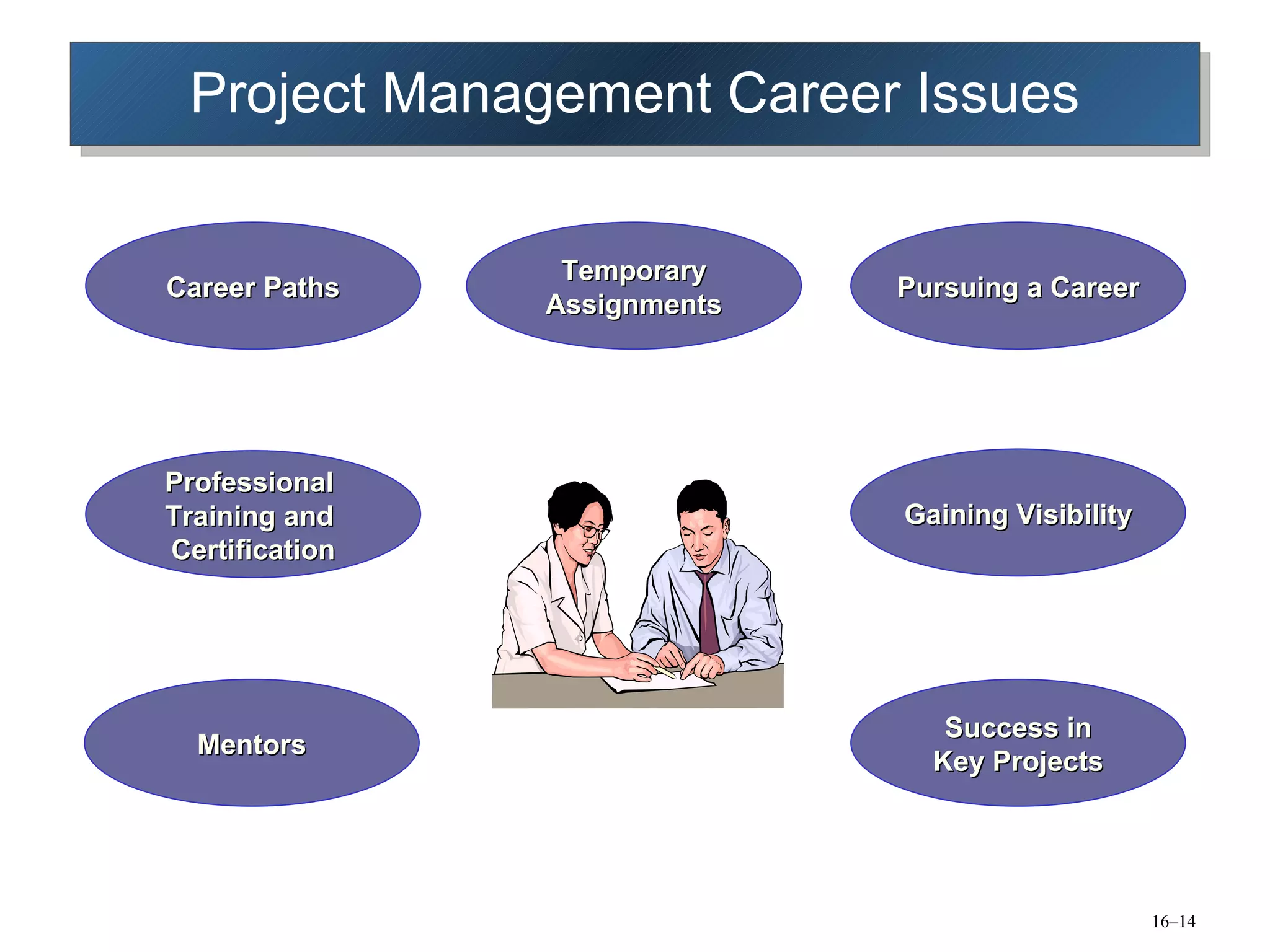 Project Management Career Issues Career Paths Temporary Assignments Pursuing a Career Professional  Training and  Certification Gaining Visibility Mentors Success in Key Projects 