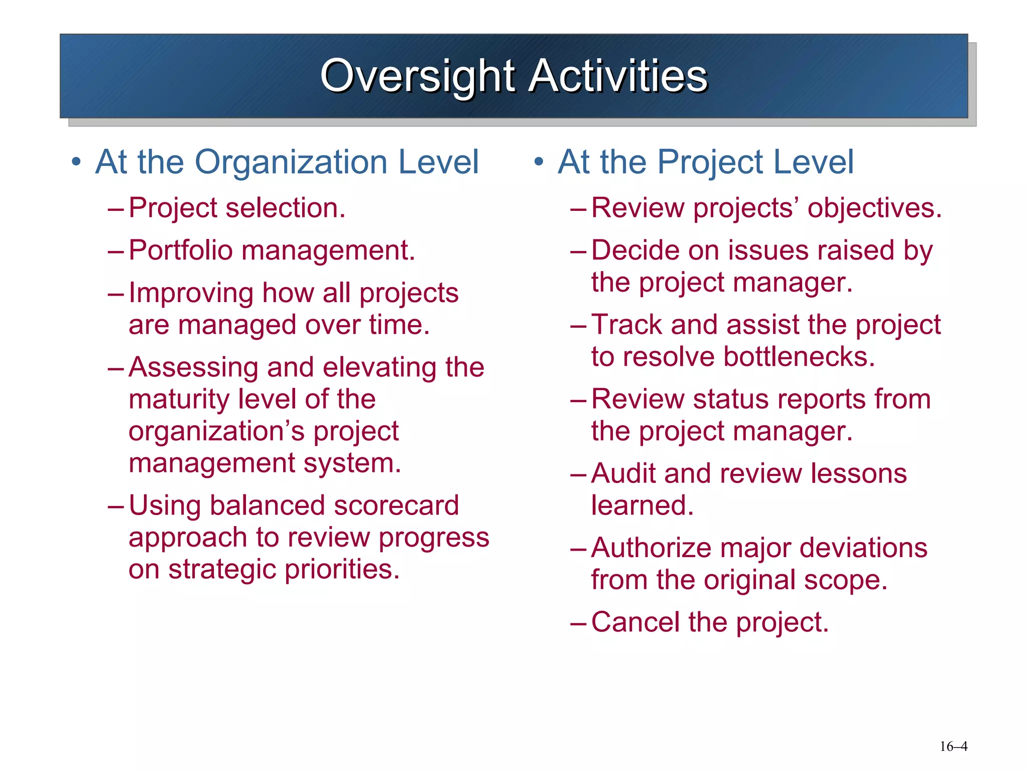 Oversight Activities At the Organization Level Project selection. Portfolio management. Improving how all projects are managed over time. Assessing and elevating the maturity level of the organization’s project management system. Using balanced scorecard approach to review progress on strategic priorities. At the Project Level Review projects’ objectives. Decide on issues raised by the project manager. Track and assist the project to resolve bottlenecks. Review status reports from the project manager. Audit and review lessons learned. Authorize major deviations from the original scope. Cancel the project. 