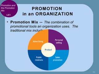 Promotion and
the Promotion
Mix
                    PROMOTION
     LG1        in an ORGANIZATION
     • Promotion Mix -- T...