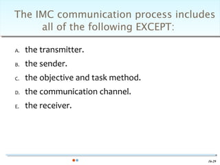 The IMC communication process includes
     all of the following EXCEPT:

A.   the transmitter.
B.   the sender.
C.   the objective and task method.
D.   the communication channel.
E.   the receiver.




                                      16-29
 