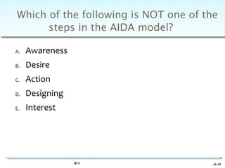 Which of the following is NOT one of the
      steps in the AIDA model?

A.   Awareness
B.   Desire
C.   Action
D.   Designing
E.   Interest




                                       16-30
 