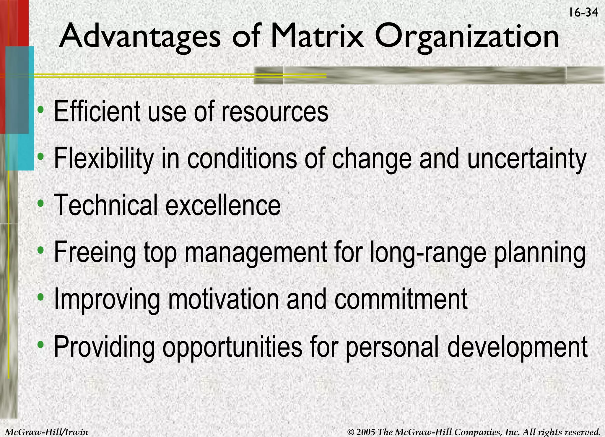 Advantages of Matrix Organization

16-34

• Efficient use of resources
• Flexibility in conditions of change and uncertainty
• Technical excellence
• Freeing top management for long-range planning
• Improving motivation and commitment
• Providing opportunities for personal development
McGraw-Hill/Irwin

© 2005 The McGraw-Hill Companies, Inc. All rights reserved.

 