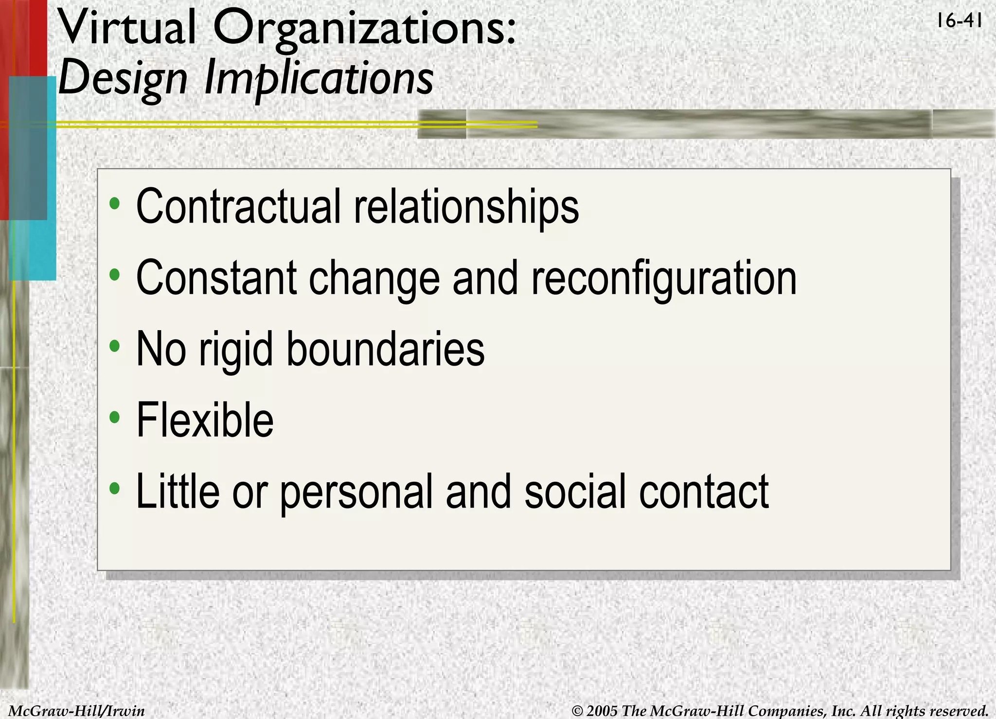 Virtual Organizations:
Design Implications

16-41

•• Contractual relationships
Contractual relationships
•• Constant change and reconfiguration
Constant change and reconfiguration
•• No rigid boundaries
No rigid boundaries
•• Flexible
Flexible
•• Little or personal and social contact
Little or personal and social contact

McGraw-Hill/Irwin

© 2005 The McGraw-Hill Companies, Inc. All rights reserved.

 
