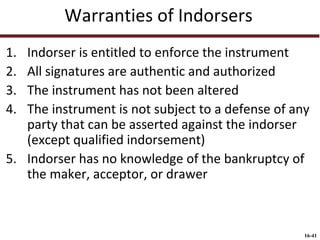 Warranties of Indorsers
1.
2.
3.
4.

Indorser is entitled to enforce the instrument
All signatures are authentic and authorized
The instrument has not been altered
The instrument is not subject to a defense of any
party that can be asserted against the indorser
(except qualified indorsement)
5. Indorser has no knowledge of the bankruptcy of
the maker, acceptor, or drawer

16-41

 