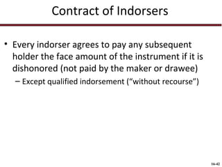 Contract of Indorsers
• Every indorser agrees to pay any subsequent
holder the face amount of the instrument if it is
dishonored (not paid by the maker or drawee)
– Except qualified indorsement (“without recourse”)

16-42

 