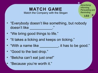 MATCH GAME Match the Company with the Slogan * * “ Everybody doesn’t like something, but nobody doesn’t like ___________.” “ We bring good things to life.” “ It takes a licking and keeps on ticking.” “ With a name like _________, it has to be good.” “ Good to the last drop.” “ Betcha can’t eat just one!” “ Because you’re worth it.” LG2 Advertising: Informing, Persuading and Reminding  16- 