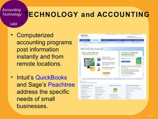 Accounting
Technology   TECHNOLOGY and ACCOUNTING
    LG3


    • Computerized
      accounting programs
      post inform...