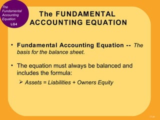 The
Fundamental
Accounting      The FUNDAMENTAL
Equation
    LG4       ACCOUNTING EQUATION


    • Fundamental Accounting ...