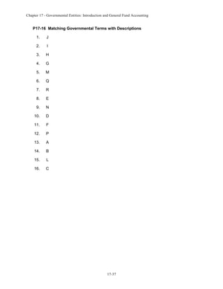 Chapter 17 - Governmental Entities: Introduction and General Fund Accounting

P17-16 Matching Governmental Terms with Descriptions
1.

J

2.

I

3.

H

4.

G

5.

M

6.

Q

7.

R

8.

E

9.

N

10.

D

11.

F

12.

P

13.

A

14.

B

15.

L

16.

C

17-37

 