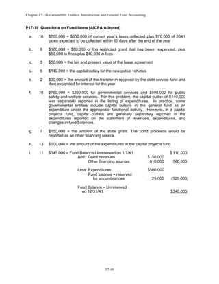 Chapter 17 - Governmental Entities: Introduction and General Fund Accounting

P17-19 Questions on Fund Items [AICPA Adapted]
a.

16

$700,000 = $630,000 of current year’s taxes collected plus $70,000 of 20X1
taxes expected to be collected within 60 days after the end of the year

b.

8

$170,000 = $80,000 of the restricted grant that has been expended, plus
$50,000 in fines plus $40,000 in fees

c.

3

$50,000 = the fair and present value of the lease agreement

d.

6

$140,000 = the capital outlay for the new police vehicles

e.

2

$30,000 = the amount of the transfer in received by the debt service fund and
then expended for interest for the year

f.

18

$760,000 = $260,000 for governmental services and $500,000 for public
safety and welfare services. For this problem, the capital outlay of $140,000
was separately reported in the listing of expenditures. In practice, some
governmental entities include capital outlays in the general fund as an
expenditure under the appropriate functional activity. However, in a capital
projects fund, capital outlays are generally separately reported in the
expenditures reported on the statement of revenues, expenditures, and
changes in fund balances.

g.

7

$150,000 = the amount of the state grant. The bond proceeds would be
reported as an other financing source.

h.

13

$500,000 = the amount of the expenditures in the capital projects fund

i.

11

$345,000 = Fund Balance-Unreserved on 1/1/X1
Add: Grant revenues
Other financing sources
Less: Expenditures
Fund balance – reserved
for encumbrances
Fund Balance – Unreserved
on 12/31/X1

17-40

$150,000
610,000

$ 110,000
760,000

$500,000
25,000

(525,000)
$345,000

 