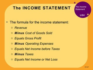 The INCOME STATEMENT * * The formula for the income statement : Revenue Minus  Cost of Goods Sold Equals Gross Profit Minus  Operating Expenses Equals Net Income before Taxes Minus  Taxes Equals Net Income or Net Loss The Income Statement LG4 17- 