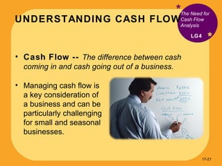 UNDERSTANDING CASH FLOW * * Cash Flow --  The difference between cash coming in and cash going out of a business. The Need for Cash Flow Analysis LG4 Managing cash flow is a key consideration of a business and can be particularly challenging for small and seasonal businesses. 17- 