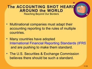 The ACCOUNTING SHOT HEARD AROUND the WORLD Reaching Beyond Our Borders * * Multinational companies must adapt their accounting reporting to the rules of multiple countries. Many countries have adopted  International Financial Reporting Standards (IFRS)  and are pushing to make them standard. The U.S. Securities & Exchange Commission believes there should be such a standard. 17- 